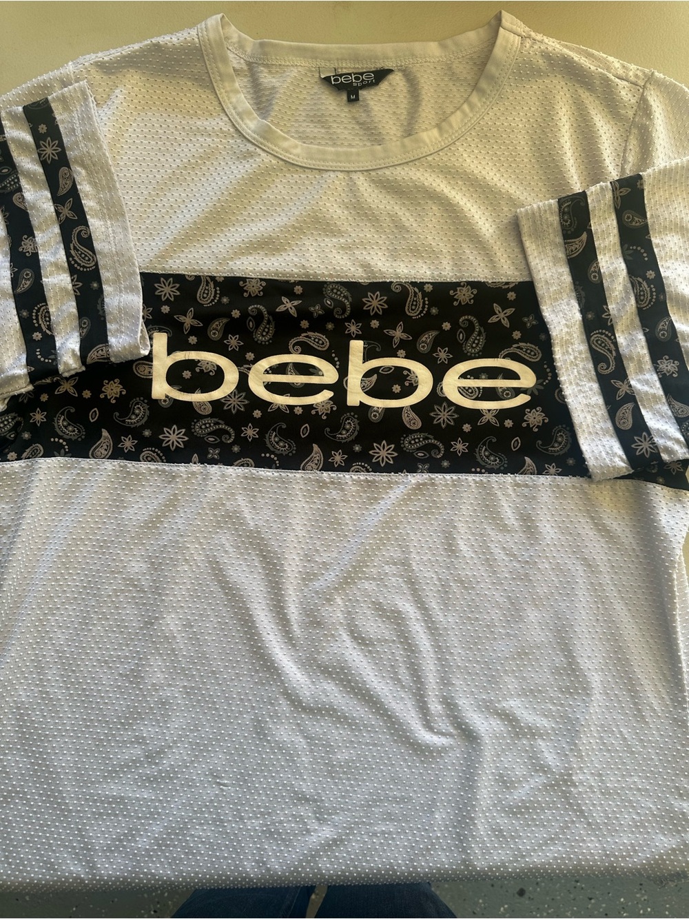 bebe White Tee with Black Paisley Logo Band